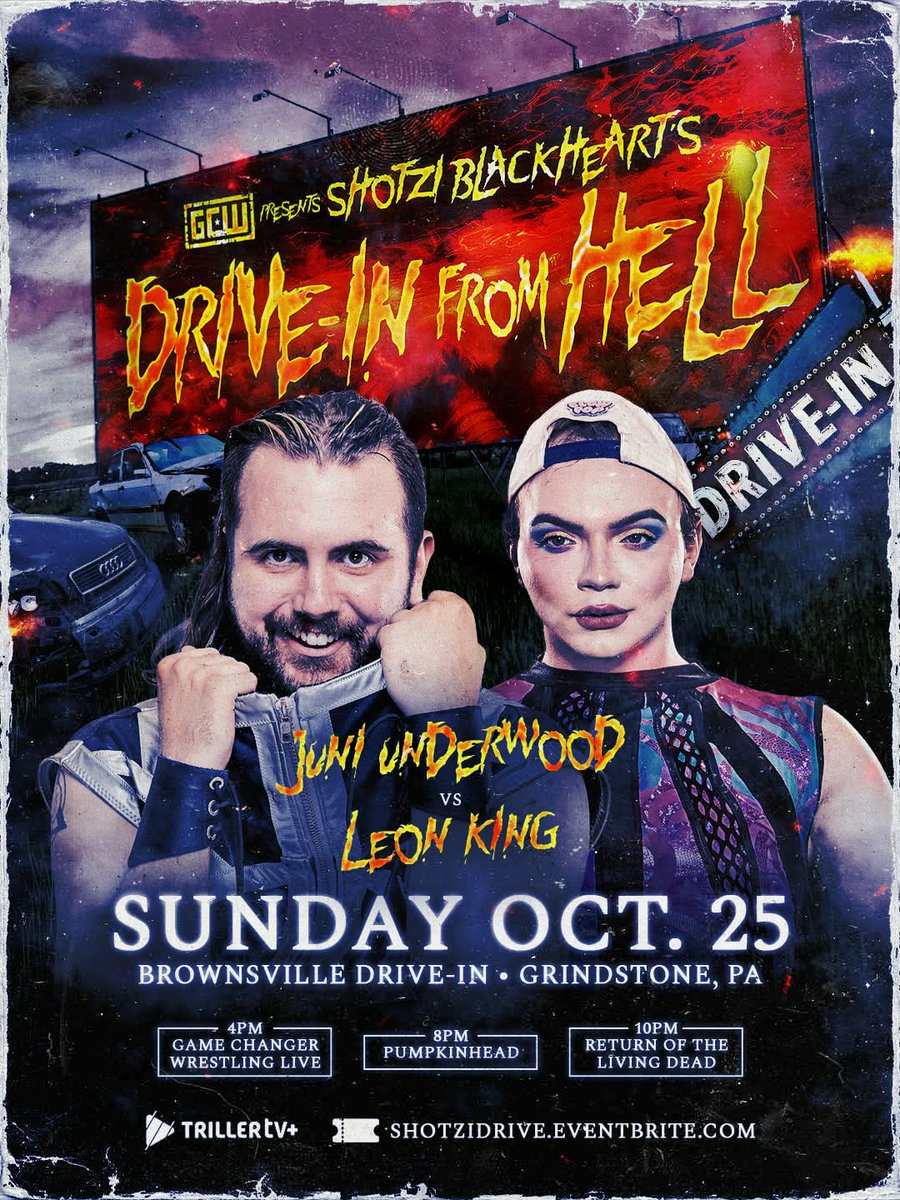 ShotziTCB's tweet photo. Fresh meat for the drive-in! 🩸 Juni Underwood vs. Leon King at my DRIVE-IN FROM HELL this SUNDAY!

📍 Brownsville Drive-In • Grindstone, PA
🔔 Wrestling starts at 4 PM!
🎟️ https://t.co/odckDPP0TZ
📺 Stream LIVE on TrillerTV+
@GCWrestling_ https://t.co/T6rOFpe7W7
