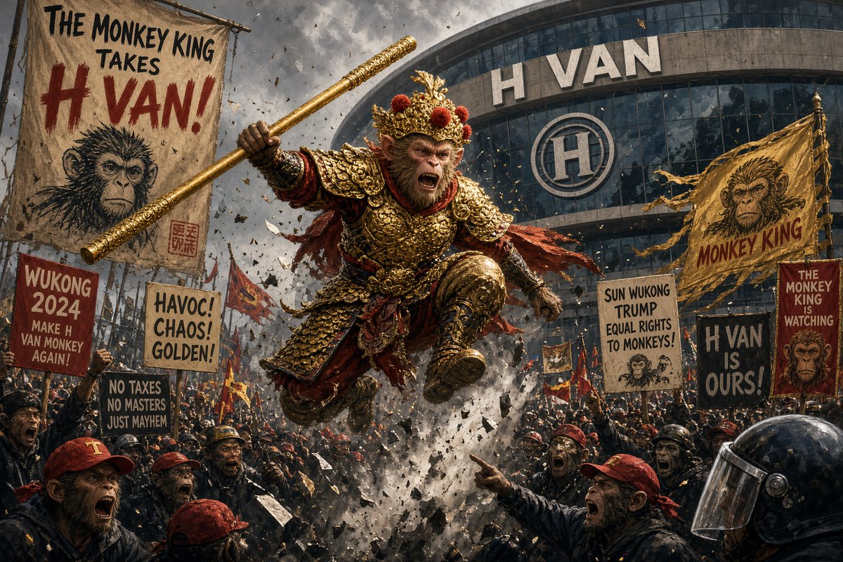 KinderKind68365's tweet photo. Grok Imagine prompt:

Trump as the Monkey King causing an uproar in H Van https://t.co/d34LlxgklE