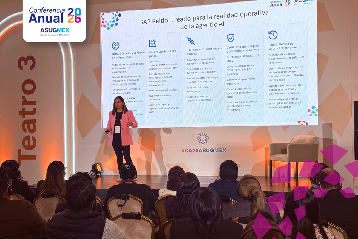 ASUGMEX's tweet photo. Sin datos confiables, la IA no llega lejos. Guadalupe Valdez muestra cómo Reltio une datos de clientes de varios sistemas en un perfil único. La IA reconoce coincidencias aunque estén escritas distinto, sin copiar datos entre plataformas.

#CA2026 #ComunidadASUGMEX https://t.co/hQSvvskHpy