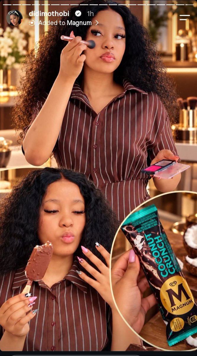 PMphay's tweet photo. Our fifth mean girl Magnum Coconut crunch says hello 
 
DIDI MOTHOBI X MAGNUM COCONUT CRUNCH
#DidiMothobi
#MagnumSA https://t.co/PHQae1XJV0