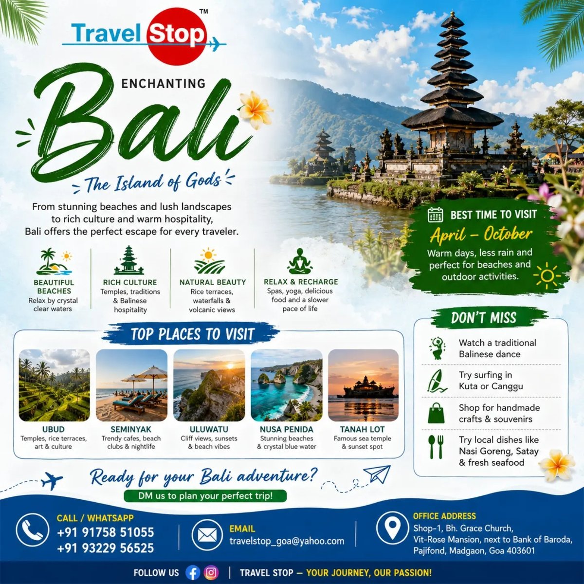 AlineSette's tweet photo. Escape to Bali’s temples, rice terraces, beaches, vibrant culture, and unforgettable sunsets. Explore Ubud, Seminyak, Uluwatu, Nusa Penida, and Tanah Lot for the perfect blend of relaxation and adventure. https://t.co/wEc7rHB6fk