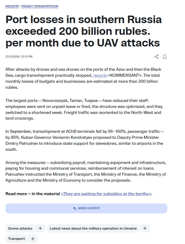 delfoo's tweet photo. Russia's losses are over 200 billion rubles a month due to the closure of the Black Sea shipping due to Ukrainian drone attacks. The key ports of Novorossiysk, Taman and Tuapse have either fired their staff or sent it on long term leave due to this. https://t.co/C2jN7RFNAP