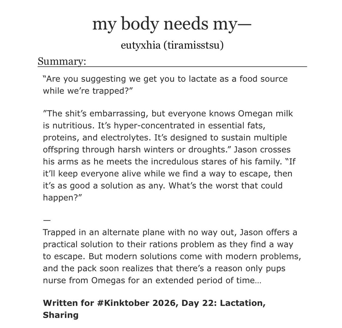 eutyxhia's tweet photo. ❤︎ my body needs my— | M/M | All!Jay (Bruce, Dick, Tim, Dami x Jay)

Written for #Kinktober2026 Day 22: Lactation, Sharing

https://t.co/IXOkMBJKp1 https://t.co/MQwtPZAl1n