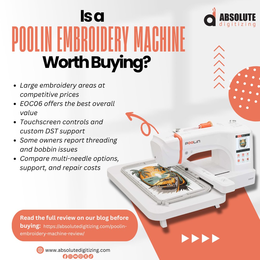Emb_Digitizing's tweet photo. Discover poolin machine's key features, embroidery capabilities, pros, and cons before making your decision! Read our latest blog https://t.co/OBqTmNt83f for a detailed review and expert insights.
Already have a design in mind? Get a FREE Quick Quote at https://t.co/icpC7EY0mX! https://t.co/1SJAGX1ZsC