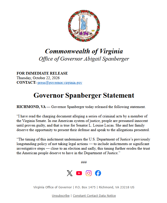 ChazNuttycombe's tweet photo. Governor Spanberger's statement on Lucas's arrest today. https://t.co/oR9MIC4hyr