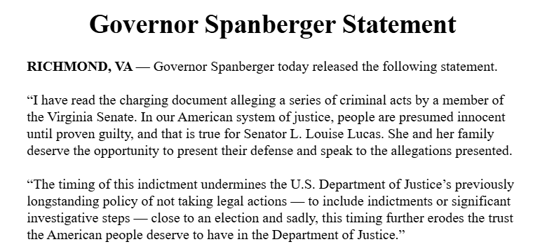 TylerEnglander's tweet photo. Breaking: On @SenLouiseLucas, Governor Abigail Spanberger says in part, "In our American system of justice, people are presumed innocent until proven guilty, and that is true for Senator L. Louise Lucas. She and her family deserve the opportunity to present their defense and speak to the allegations presented."

Spanberger added, "The timing of this indictment undermines the U.S. Department of Justice’s previously longstanding policy of not taking legal actions — to include indictments or significant investigative steps — close to an election and sadly, this timing further erodes the trust the American people deserve to have in the Department of Justice.”