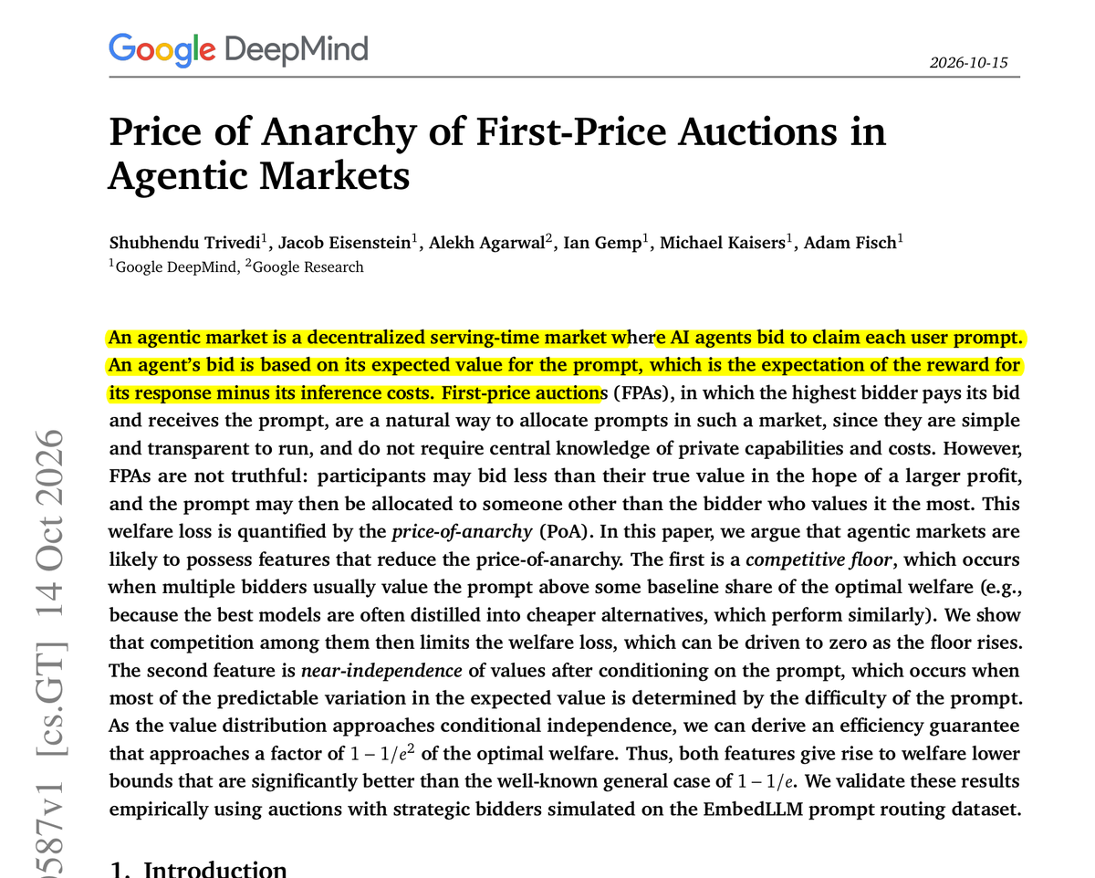 rohanpaul_ai's tweet photo. New Google DeepMind paper shows that if AI models offer money to answer each question and the highest offer answers, results are 99.2% as good as always picking the best model.

i.e. say you don't know in advance which model is best for each new question. So who should answer?

The paper’s answer: let each model offer money for the job. The model that knows it is good at this question offers more. Highest offer gets to answer. 

They proved the loss shrinks when several agents usually value a prompt highly, as when distilled models perform close to the best. They simulated auctions among 110 models on over 30,000 EmbedLLM prompts.

With all 110 models bidding, the auction reached 99.2% of the best possible value, versus 89.4% for routing each prompt type to its best model. On each method's worst prompt cluster, the auction held 96.0% while the single best model kept 6.0%.

If you run a model marketplace, a simple pay-your-bid auction works well when every bidding pool has several strong models.