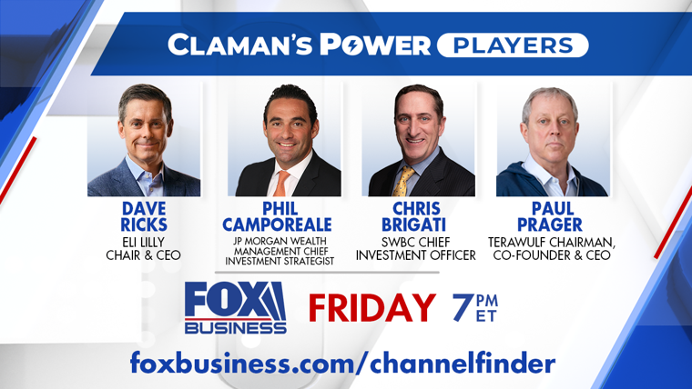 PowerPlayersFBN's tweet photo. 📺 Tune in TOMORROW at 7pm ET on @FoxBusiness!
 
@LizClaman's Power Players Lineup:
 💊 @EliLillyandCo Chair &amp; CEO Dave Ricks
 📈@jpmorgan Wealth Mgmt Chief Investment Strat Phil Camporeale
💰@SWBCServices Chief Investment Officer Chris Brigati
 ⚡ @TeraWulfInc CEO Paul Prager https://t.co/CAYOTHLfL9