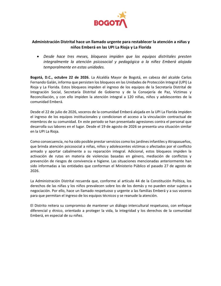 ConsejeriaDePaz's tweet photo. #COMUNICADO 🔴| Persisten los bloqueos en las Unidades de Protección Integral (UPI) La Rioja y La Florida. Estos bloqueos impiden la atención integral a 120 niñas, niños y adolescentes de la comunidad Emberá. Hacemos un llamado urgente para poder restablecer esta atención. https://t.co/i7kqDbA9sz