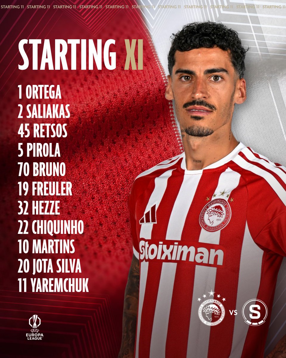 olympiacosfc's tweet photo. Η ενδεκάδα της ομάδας μας για το ματς κόντρα στην Σπάρτα Πράγας! / Our line-up for today’s match against Sparta Praha! 🔴⚪️
#OlympiacosFC #OLYSPA #UEL https://t.co/PWzSCaong7