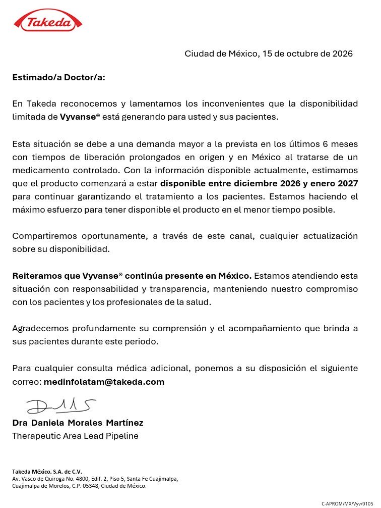 AMPI_AC's tweet photo. VYVANSE EN MÉXICO: ¿OTRA VEZ LOS PACIENTES PAGANDO LAS CONSECUENCIAS?

En febrero de 2021, #Takeda México informó a los profesionales de la salud que #Vyvanse® (lisdexanfetamina) presentaría una interrupción en su cadena de suministro a nivel nacional.

Cinco años duro la interrupción y ahora a solo 7 meses de su relanzamiento la historia parece repetirse.

La falta de disponibilidad de un medicamento no es simplemente un problema comercial o logístico, es un problema de continuidad terapéutica.

No basta con lamentar los inconvenientes y comunicar una fecha estimada de disponibilidad.

¿Dónde está la planeación? ¿Dónde está la responsabilidad con los pacientes? ¿Qué medidas concretas está implementando Takeda México para evitar que esta situación vuelva a repetirse?