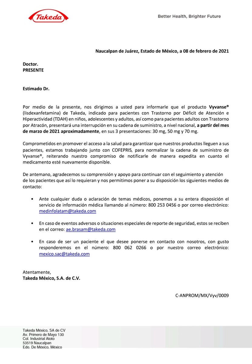 AMPI_AC's tweet photo. VYVANSE EN MÉXICO: ¿OTRA VEZ LOS PACIENTES PAGANDO LAS CONSECUENCIAS?

En febrero de 2021, #Takeda México informó a los profesionales de la salud que #Vyvanse® (lisdexanfetamina) presentaría una interrupción en su cadena de suministro a nivel nacional.

Cinco años duro la interrupción y ahora a solo 7 meses de su relanzamiento la historia parece repetirse.

La falta de disponibilidad de un medicamento no es simplemente un problema comercial o logístico, es un problema de continuidad terapéutica.

No basta con lamentar los inconvenientes y comunicar una fecha estimada de disponibilidad.

¿Dónde está la planeación? ¿Dónde está la responsabilidad con los pacientes? ¿Qué medidas concretas está implementando Takeda México para evitar que esta situación vuelva a repetirse?