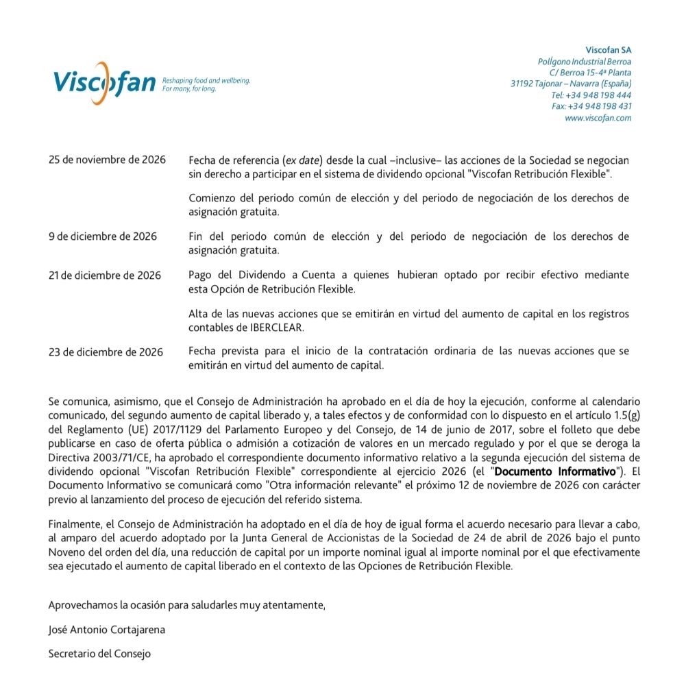 iparatx's tweet photo. La navarra #Viscofan acaba de anunciar el calendario de su #scriptdividend 

Abonará al menos 1,40€ brutos por acción en diciembre

#OperationBodenplatte $VIS https://t.co/cPUkm2a4Oe