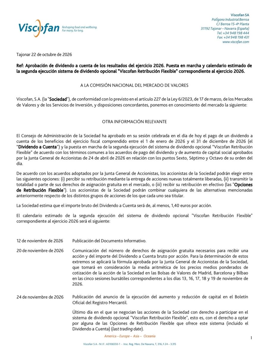iparatx's tweet photo. La navarra #Viscofan acaba de anunciar el calendario de su #scriptdividend 

Abonará al menos 1,40€ brutos por acción en diciembre

#OperationBodenplatte $VIS https://t.co/cPUkm2a4Oe