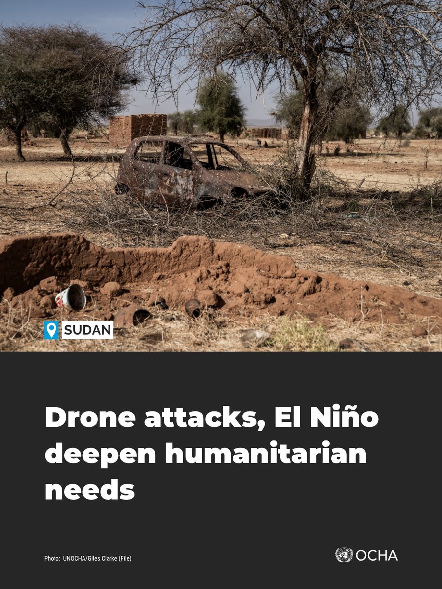 UNOCHA's tweet photo. In #Sudan, air and drone strikes are killing civilians, including humanitarian responders, while soaring prices and El Niño-induced drought deepen hunger and hardship.

Humanitarians plan to scale up aid, but funding shortages threaten the response.

Read: https://t.co/aUNxOJdBNN https://t.co/X4aqF4IR9i