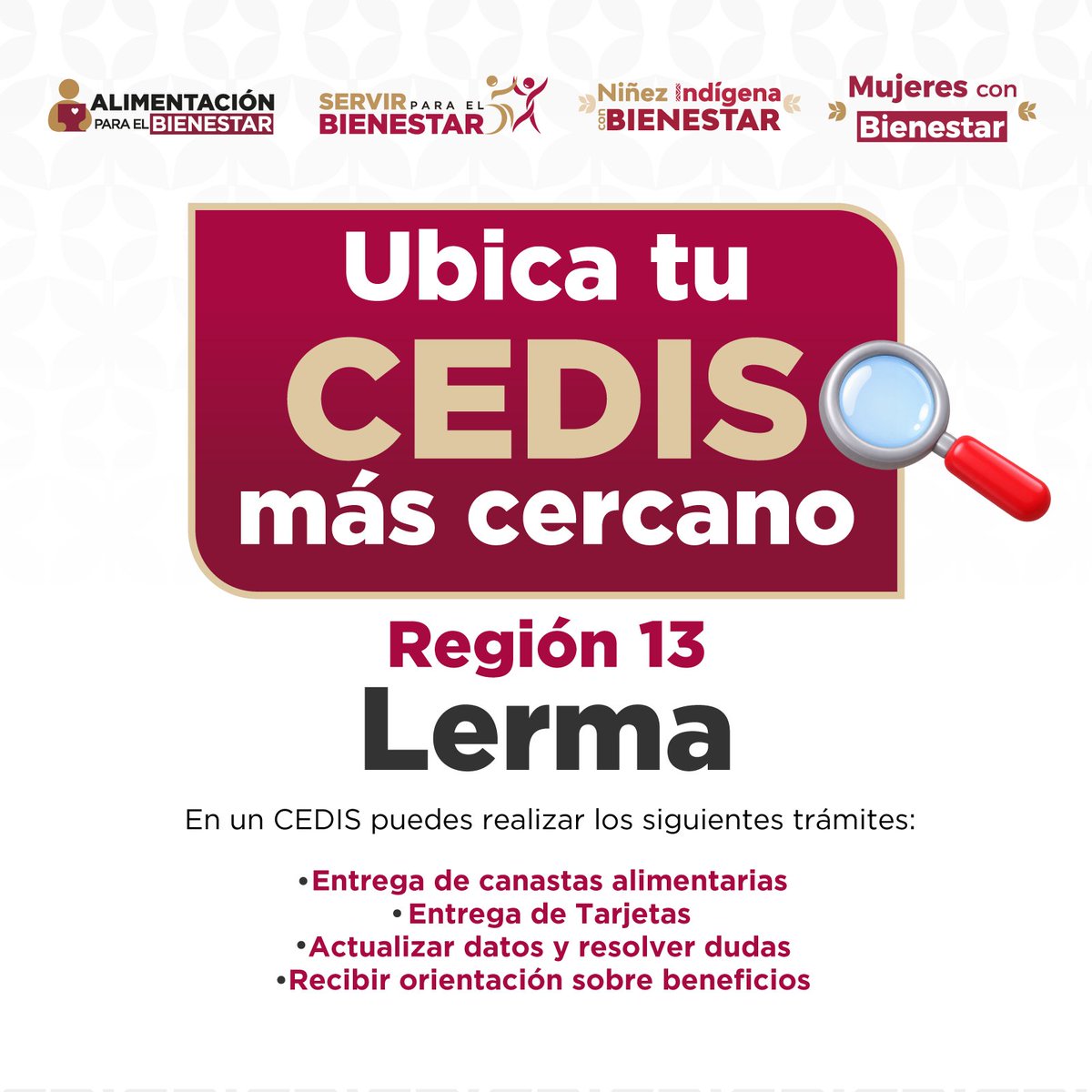 BienestarEdoMx's tweet photo. 📍Ubica tu CEDIS en la Región 13 Lerma. 

Consulta las direcciones en las imágenes.

¿Aún no aparece tu municipio?

Publicaremos diariamente información de los CEDIS de todos los municipios del Estado de México.

¡Sigue pendiente!  #EdoMéx #ElPoderDeServir https://t.co/HajY36cUrq