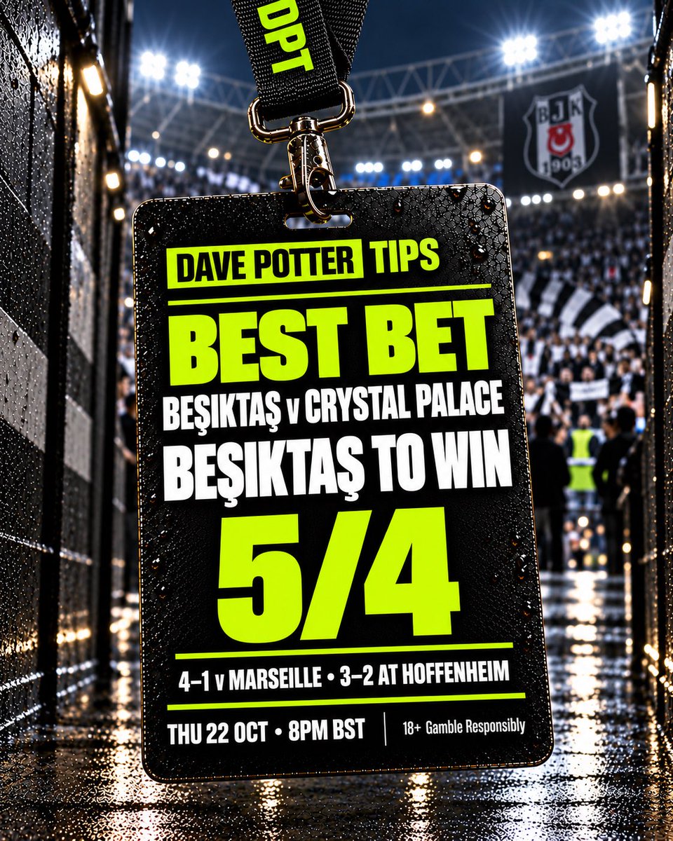 DavePotterTips's tweet photo. Crystal Palace are in freefall 📉

They shipped 5 at Brighton on Sunday and now head to one of the loudest grounds in Europe.

🔒 BEST BET
🇹🇷 Besiktas v Crystal Palace
Besiktas to win (5/4)

- Besiktas have won 4 of their last 5, including 4-1 v Marseille and 3-2 at Hoffenheim.

- They've scored in 9 home games in a row, and their last 5 at home have all had 3+ goals.

- Palace are without Mateta, Tomiyasu and Chilwell. On this form, Istanbul is the last place they want to be.

⏰ 20:00

18+ | Please gamble responsibly | BeGambleAware
