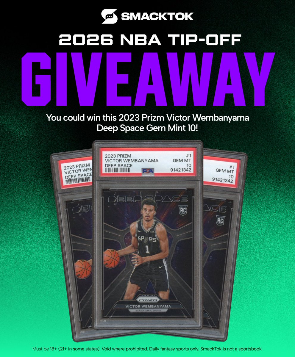 smacktok's tweet photo. 🚨 NBA TIP-OFF GIVEAWAY 🚨

We're giving away this 2023 Prizm Victor Wembanyama Deep Space PSA GEM MINT 10

How to Enter:
- Download SmackTok
- Join the official "NBA Huddle"
- Drop a GIF of your favorite NBA player

Winner announced after November 21! https://t.co/PbAb3o7FeH