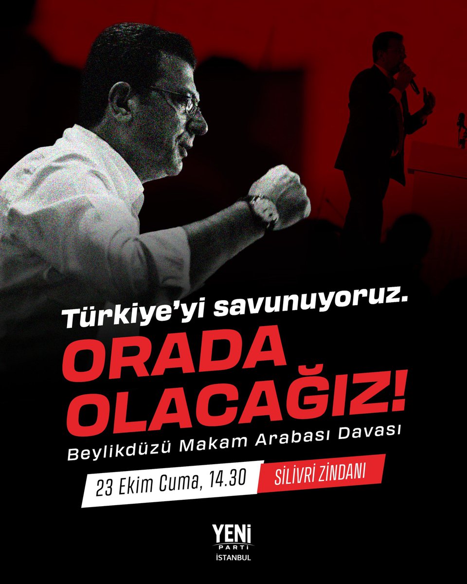 ozgurcelik1919's tweet photo. Orada olacağız!

Cumhurbaşkanı adayımız Ekrem İmamoğlu’na yönelik uydurma suçlamalardan biri daha olan “Makam Arabası Davası”nda hakkı hukuku savunmak için bir araya geliyoruz. 

📆23 Ekim Cuma
🕙14.30
📍Silivri Zindan https://t.co/XF1qCnYAtG