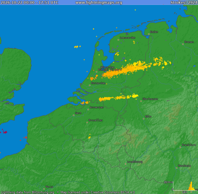 weermanrobert's tweet photo. Vanmiddag trok er over het midden van het land nog een actieve bui met onweer. We zien een strook met ontladingen lopen van Amsterdam, via Apeldoorn, naar Hardenberg. Naast onweer kwam er ook hagel voor en leverde de bui spectaculaire beelden op. https://t.co/TqHaLSi561