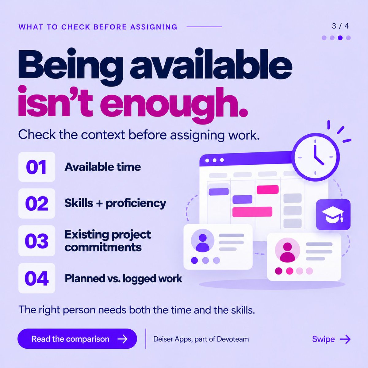 deiser's tweet photo. 📅Resource planning can start with a person or with available capacity. It depends!

For changing demand and specialised skills, the second question is often more useful, solving questions like: Who can realistically take this work on?

Learn how >> https://t.co/ikkdKy45Iu https://t.co/bgH77ad33A