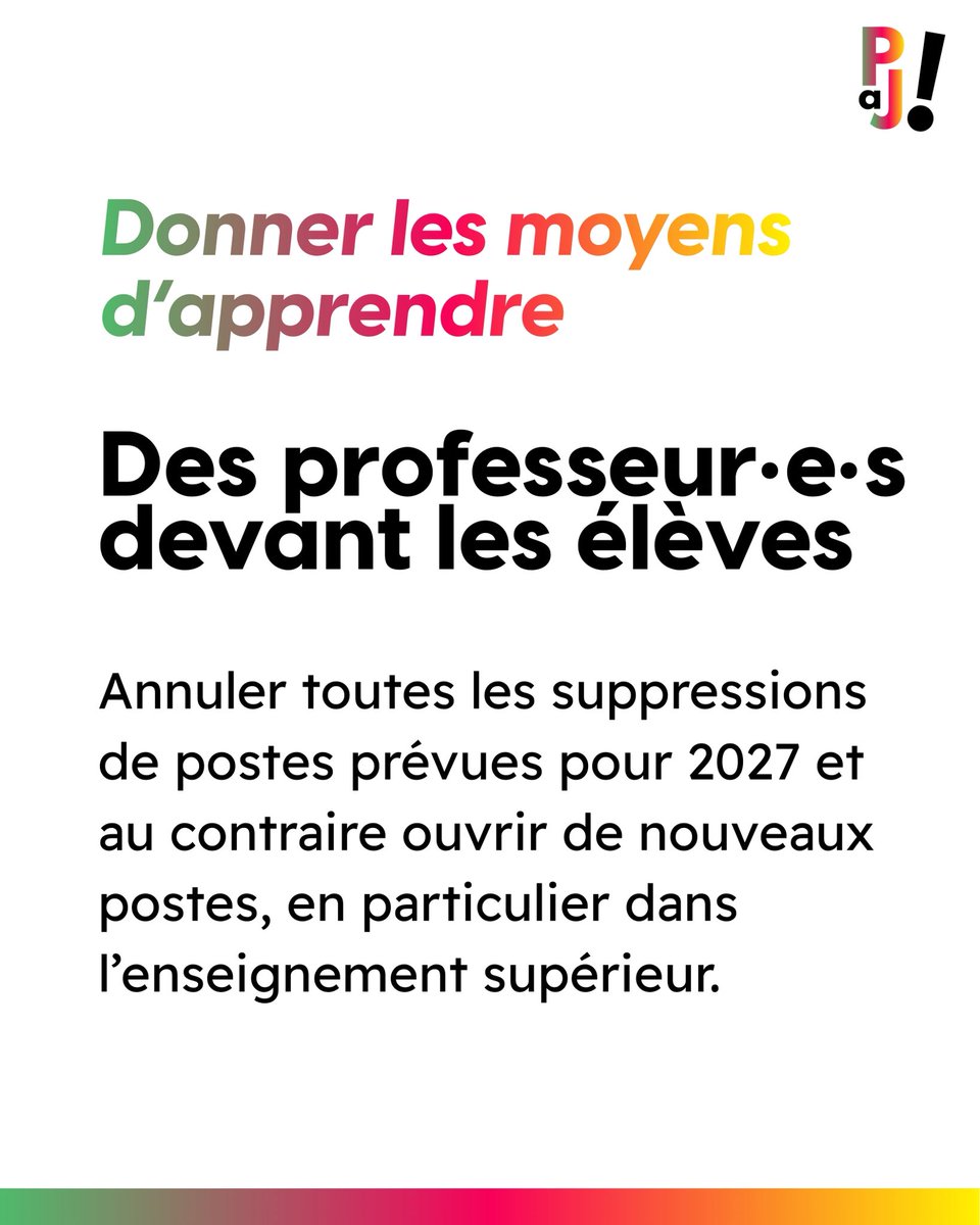 PAJ2027's tweet photo. ✊ Des propositions pour changer le quotidien des jeunes !

Plus de profs, la fin de Parcoursup, des bourses revalorisées, 1 000 € par mois pour les stages…

☀️ Dans son plan de sortie de crise, Raphaël Glucksmann propose des mesures concrètes pour les jeunesses. https://t.co/k8dLlRUtBf