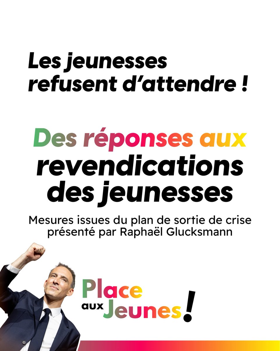 PAJ2027's tweet photo. ✊ Des propositions pour changer le quotidien des jeunes !

Plus de profs, la fin de Parcoursup, des bourses revalorisées, 1 000 € par mois pour les stages…

☀️ Dans son plan de sortie de crise, Raphaël Glucksmann propose des mesures concrètes pour les jeunesses. https://t.co/k8dLlRUtBf