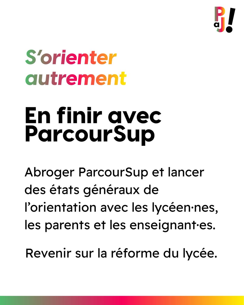 PAJ2027's tweet photo. ✊ Des propositions pour changer le quotidien des jeunes !

Plus de profs, la fin de Parcoursup, des bourses revalorisées, 1 000 € par mois pour les stages…

☀️ Dans son plan de sortie de crise, Raphaël Glucksmann propose des mesures concrètes pour les jeunesses. https://t.co/k8dLlRUtBf