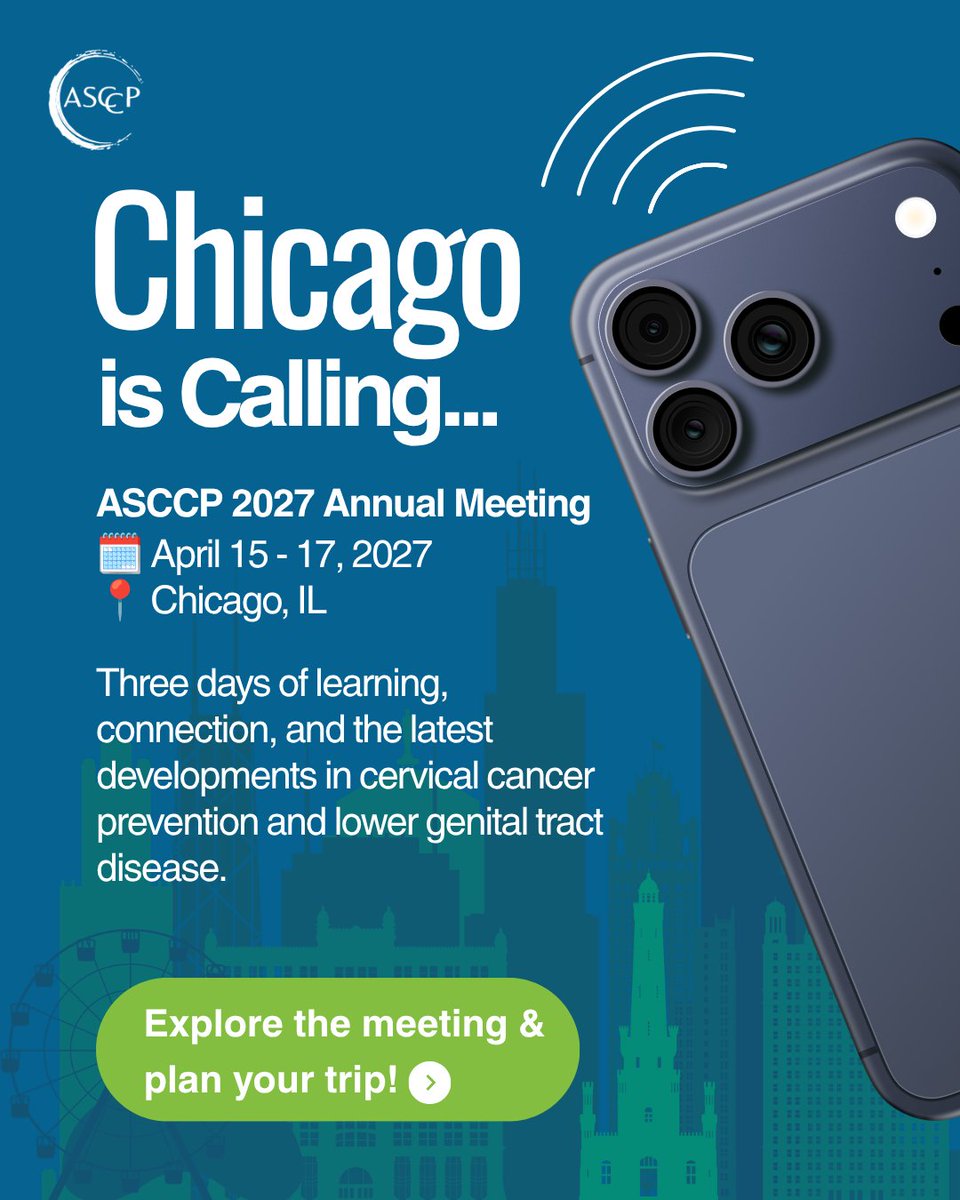 ASCCP's tweet photo. 🏙️✨ Chicago is calling!
Join ASCCP for the 2027 Annual Meeting, April 15–17, for clinical education, research, guideline updates, and connection with colleagues across the field. 🩺🔬
Three days. One community. So much to learn!
👉 https://t.co/U4F8mE2MmQ https://t.co/deytykjmbL