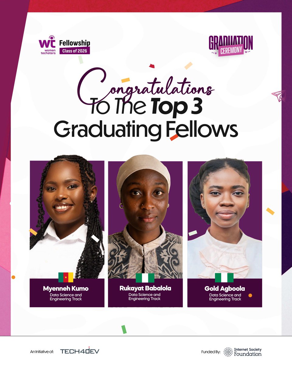 Tech4DevHQ's tweet photo. Congratulations to the outstanding Fellows of the Women Techsters Fellowship Class of 2026! 

Among a class of talented women from different countries and across eight learning tracks, these Fellows distinguished themselves through exceptional performance, consistency and dedication throughout the Fellowship.