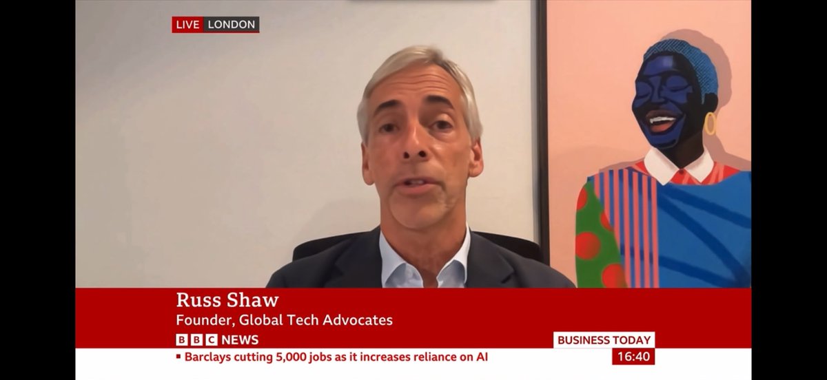 RussShaw1's tweet photo. It was great to join @BenThompsonTV @BBCNews today to discuss the increase in job redundancies from the impact of AI and the importance of UK workers have a broad range of AI skills to be ready for the future @GlobalTechAdv @TechLondonAdv @UKTechAdv https://t.co/p2XR01057P