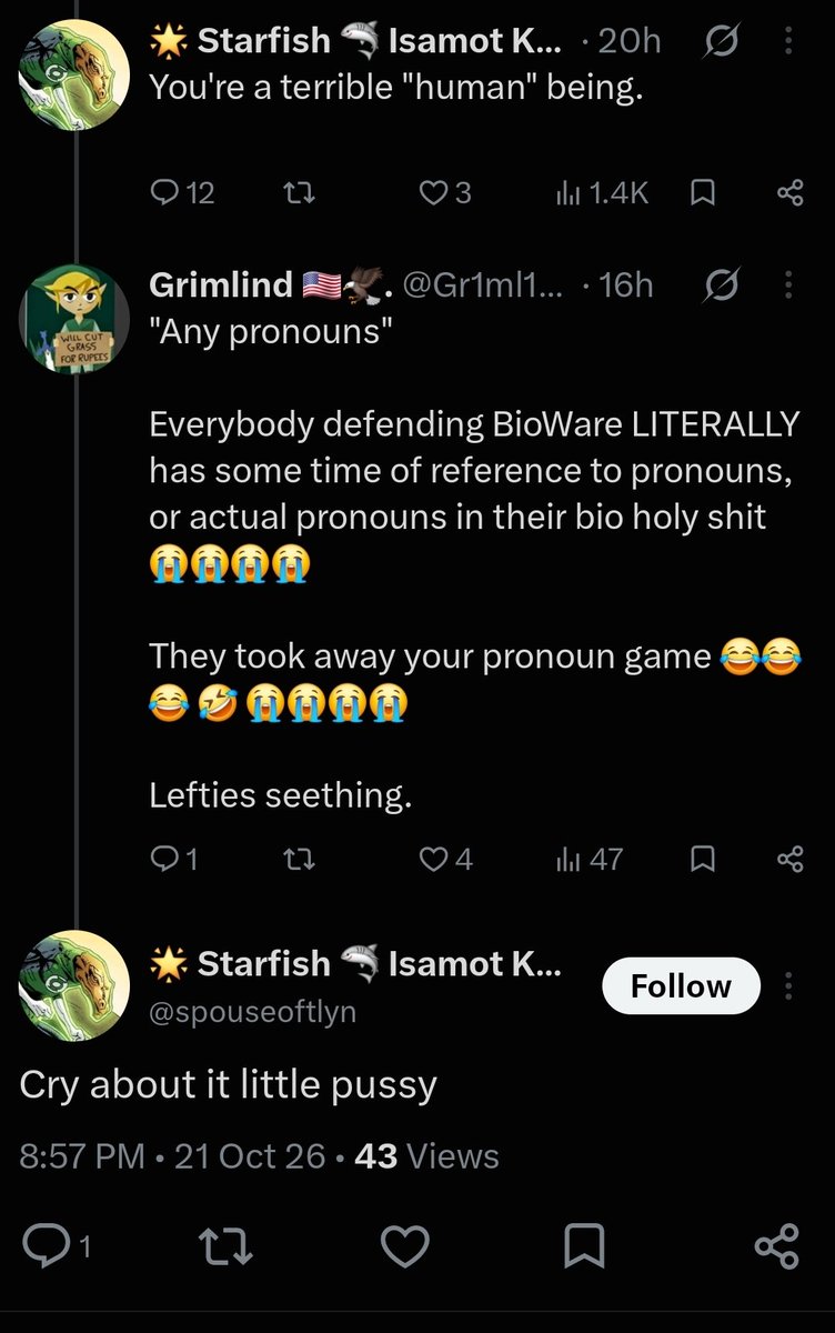 Gr1ml1nd's tweet photo. @spouseoftlyn ....... Look. 

Read my FIRST reply do you and ask yourself where the insult is. 

Then read your FIRST reply. "Cry about it little pussy" 
YOU started this shit 😂😂😂 

Didn't insult, didn't bash... Nothing.

So congratulations, you got what you deserved 👏 https://t.co/vWy30N35m1