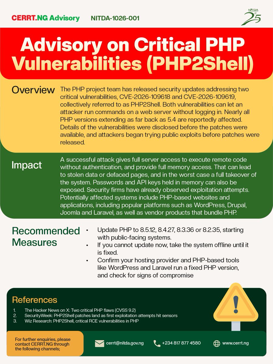 NITDANigeria's tweet photo. Security Alert: PHP2Shell⚠️⚠️
The PHP Project has released fixes for two critical vulnerabilities — CVE-2026-109618 & CVE-2026-109619 — allowing unauthenticated remote code execution.
With nearly all PHP versions since 5.4 affected and public exploits in the wild, immediate patching is critical.
Update now. Don't make it easy for them.
#CybersecurityAwarenessMonth