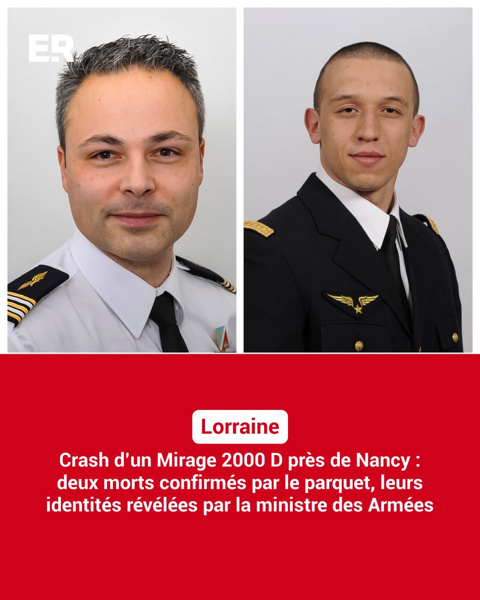 lestrepublicain's tweet photo. Ce jeudi soir, la ministre des Armées, Catherine Vautrin, exprimait «  sa profonde émotion », et confirmait l'identité des deux victimes. « Le lieutenant-colonel Antranig Sarkissian, navigateur officier systèmes d’armes (NOSA) et le lieutenant Quentin Klysz, pilote de chasse, réalisaient une mission d’entraînement au vol de nuit à bord d’un Mirage 2000D de l’escadron de chasse 2/3 « Champagne » de la base aérienne 133 de Nancy-Ochey ». 
➡️ https://t.co/joTBshl5uT