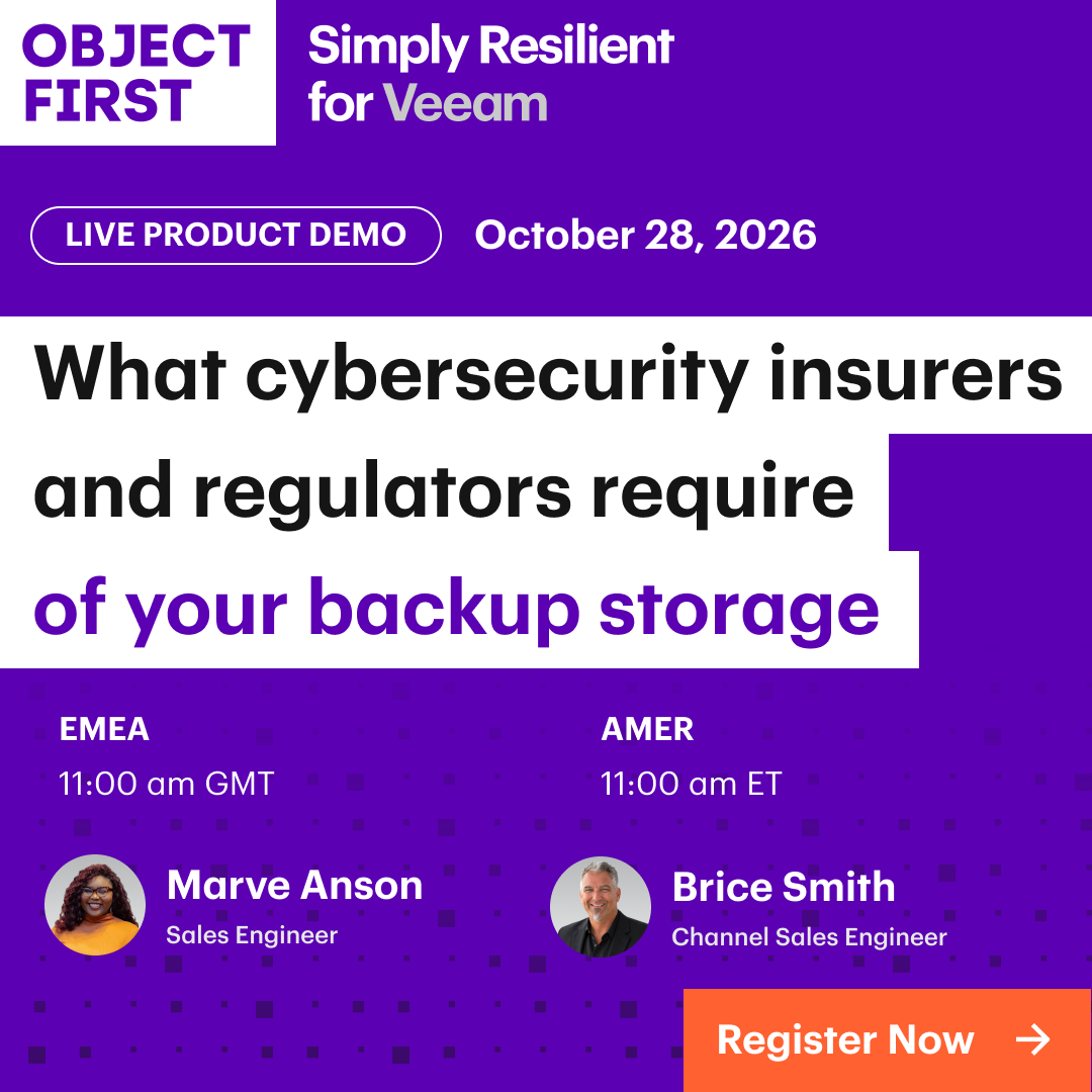 object_first's tweet photo. Insurers and regulators expect backups that are isolated, encrypted, tested, and immutable. See how Absolute Immutability makes backups insurance- and audit-ready at our October 28 product demos.

EMEA: https://t.co/YaB4UwNjiA
AMER: https://t.co/jSeuFFnU0U https://t.co/5bmt7zWpvM