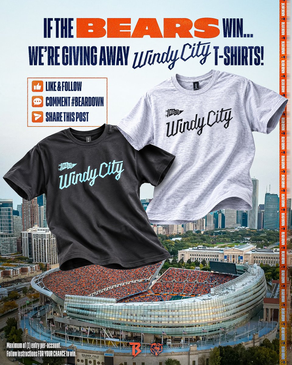 WCThunderBolts's tweet photo. #BEARDOWN TNF GIVEAWAY🐻👇

Cheer on the Bears with us! If/when the Bears win today, we’re giving away Windy City Tee's! Here’s how to enter:  

⚡Like this post and follow us
⚡Comment #BearDown and tag a buddy
⚡Share this post 

Winners selected following the game! https://t.co/ASYOAmZBjF