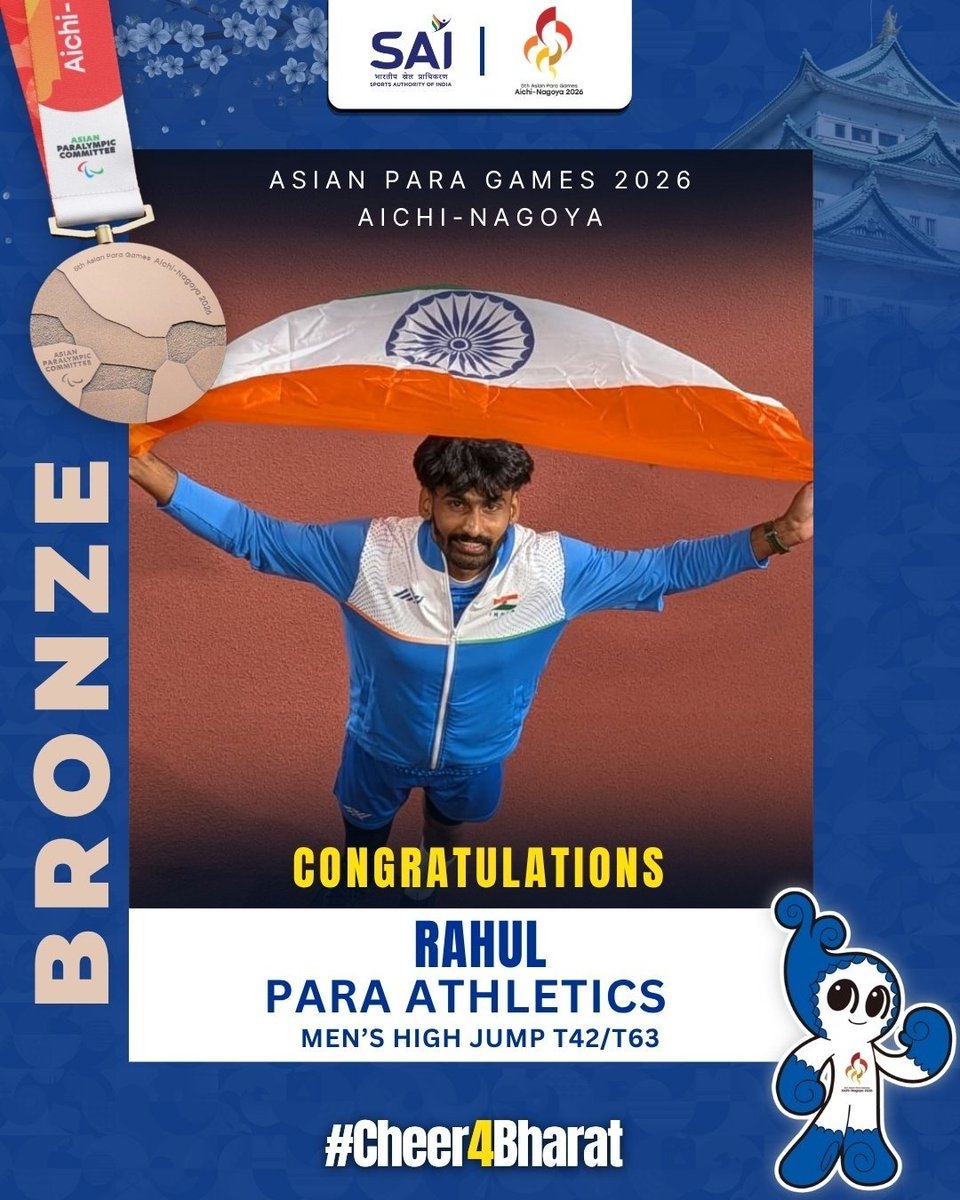 JPNadda's tweet photo. A HISTORIC PODIUM SWEEP FOR BHARAT!

Many congratulations to Shailesh Kumar on winning Gold with a New Games Record of 1.89m, Varun Singh Bhati on securing Silver, and Rahul on clinching Bronze in the Men’s High Jump T42/T63 at #AsianParaGames2026.

Three medals, all three podium spots, and another remarkable achievement for Indian para-athletics!