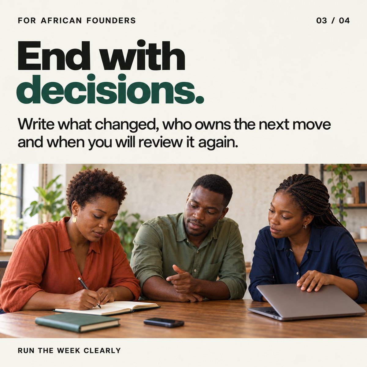 seunsanni1's tweet photo. Run the week clearly 

A small team needs a clear weekly rhythm. Choose the main result, make every owner and blocker visible, and write down decisions before the check-in ends. More meetings are not the goal. Useful movement is.
#AfricanFounders #StartupOperations #TeamBuilding https://t.co/2qRpYRgot9