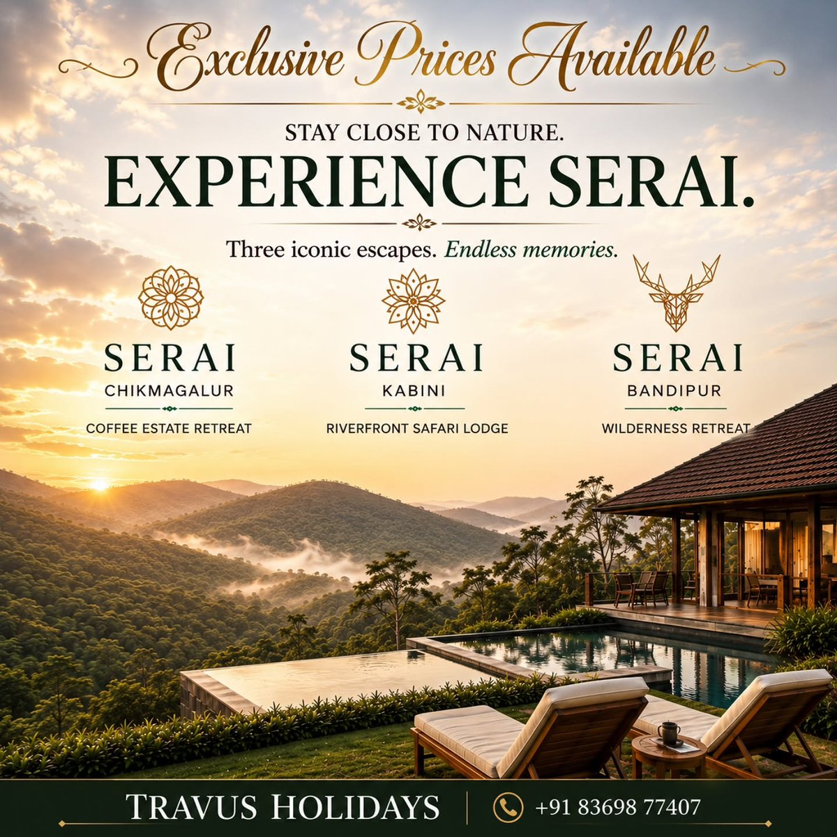 goal_sniffer's tweet photo. Where luxury meets nature at The Serai. Wake up to Chikmagalur’s misty mountains, explore Kabini’s wilderness, or unwind in Bandipur’s forests. Luxury stays, wellness, wildlife, and safari experiences for families and couples. https://t.co/1TW1pAgLWj