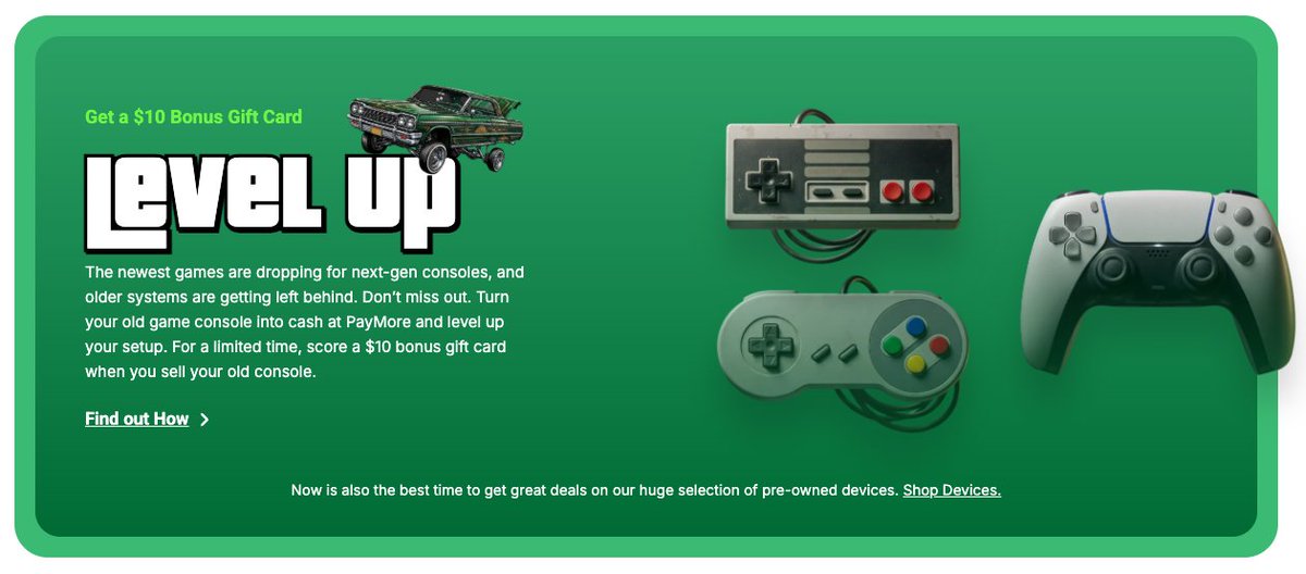 IGNDeals's tweet photo. As you look for console trade-in options to upgrade before GTA 6, PayMore is a great place to go. They'll give you a $10 bonus gift card when you sell your console. Check for a store near you and more info in our article.

https://t.co/DDtXUsxWkM #Sponsored https://t.co/GKpYdsz7tE