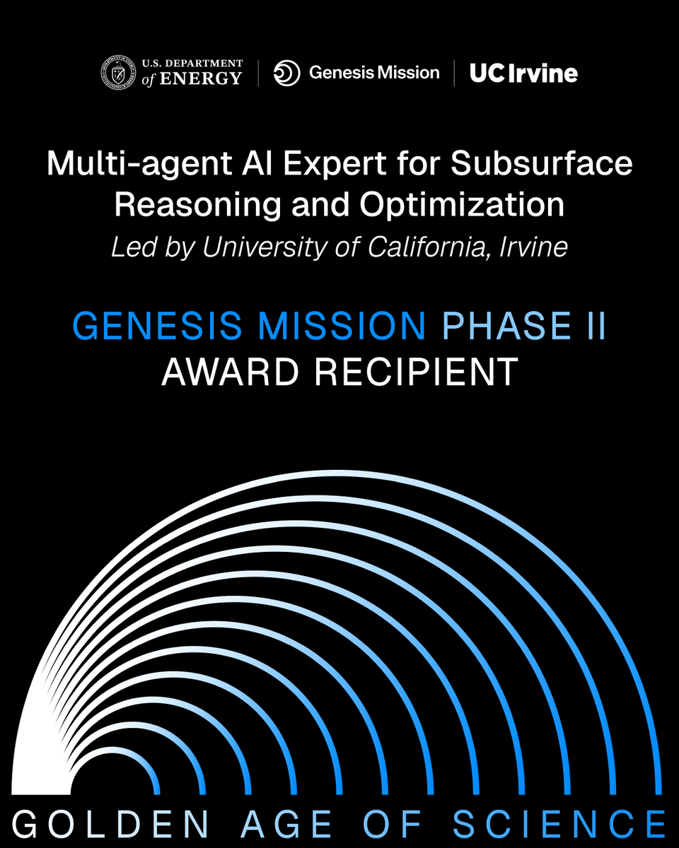 ScienceUnderSec's tweet photo. Two new Genesis Mission Phase II projects are putting SI to work on America's energy and critical resources.

@UCIrvine's MAESTRO will focus on geothermal reservoirs. @UofIllinois's AXIS will advance extraction of critical rare-earth elements.

Read more: https://t.co/YqDjIrZOa3 https://t.co/Ja0uhf69Mp