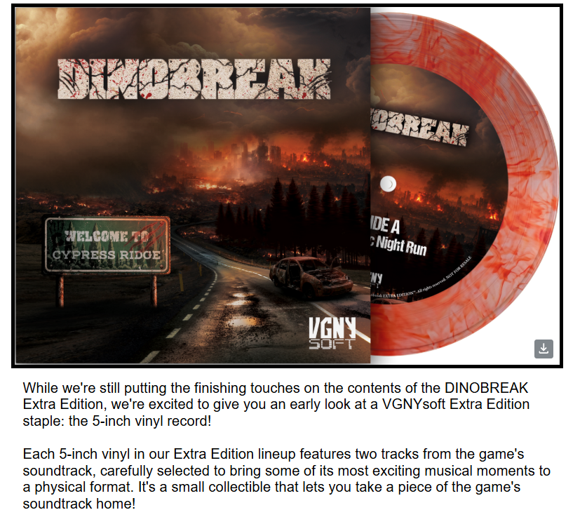 JPSWITCHMANIA's tweet photo. Upcoming physical from @VGNYSoft!

It's Dinobreak (PS5) from @deaddropstudios and pre-orders open next Friday, October 30th. Plus, the vinyl will be available for pre-order as well. https://t.co/liZySRN8hK
