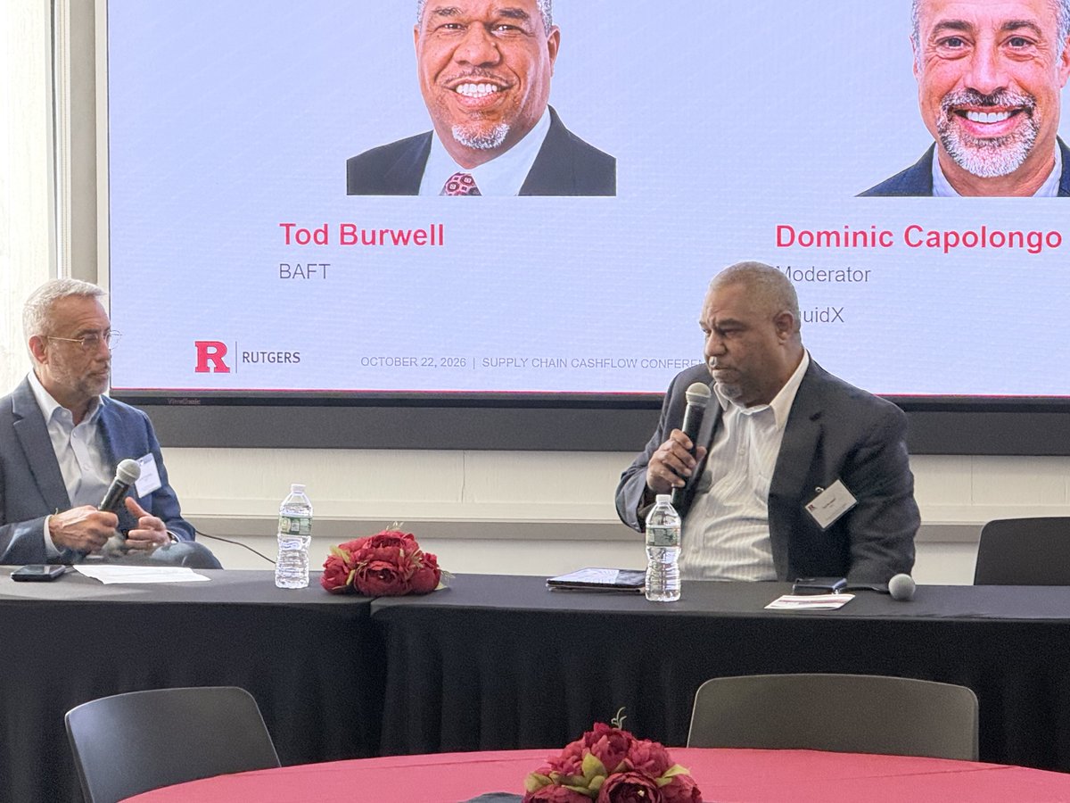 BAFT's tweet photo. #BAFT President &amp; CEO Tod Burwell spoke today at @RutgersBSchool's 2026 Supply Chain Cashflow Conference, joining @LiquidX_Network's Dominic Capolongo for a keynote conversation on the future of #TransactionBanking, trade finance &amp; supply chain finance. https://t.co/IqlZDuv8eE