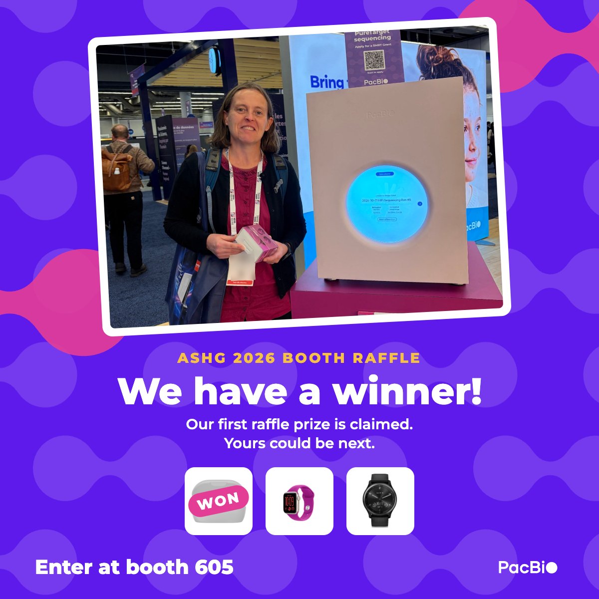 PacBio's tweet photo. Our first #ASHG26 raffle winner! 🎉

Congrats to Elísabet Einarsdóttir from SciLifeLab on winning Bose QuietComfort Earbuds!

Two prizes remain! Visit #PacBio booth #605 for a chance to win an Apple Watch SE 3 or Garmin vívomove Sport.

Full ASHG program: https://t.co/UhQzuIiBLn https://t.co/6k3NSwcOIV