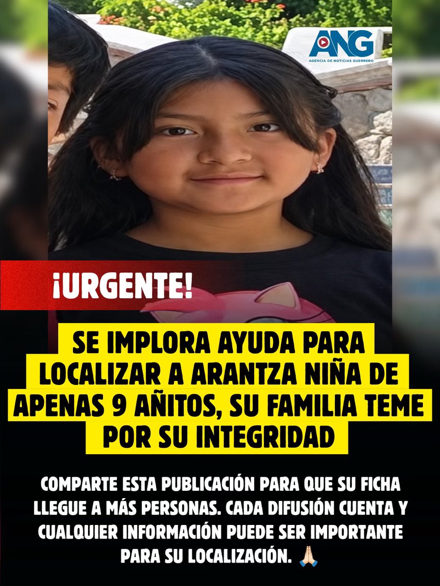 ANoticiasGro's tweet photo. 🚨 #URGENTE | SE IMPLORA AYUDA PARA LOCALIZAR A ARANTZA NIÑA DE APENAS 9 AÑITOS, SU FAMILIA TEME POR SU INTEGRIDAD
https://t.co/GLWn5EOmyy https://t.co/ocBlTY3Klz