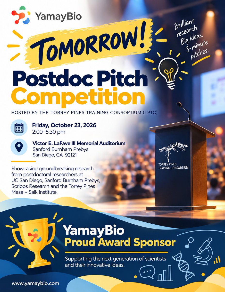 yamaybioinc's tweet photo. TOMORROW IS THE BIG DAY!
3 minutes. Big ideas. Brilliant science! π€
YamayBio is proud to be the Award Sponsor of the 2026 Postdoc Pitch Competition!
π
Oct 23 | 2β5:30 PM
π Sanford Burnham Prebys, San Diego
#Research #Science #WesternBlot #PostdocPitchCompetition #PostdocLife https://t.co/TmRpou9WiG