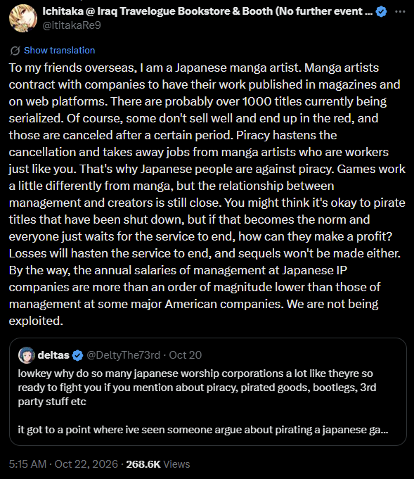 p9cker_girl's tweet photo. Dear Japanese Twitter

Here is how to stop overseas piracy

>Provide an accessible platform that actually works 
>Provide accurate translations for series hosted on said platform 

It'd be nice if Japanese publishers would work with fan translation groups (we've seen mangaka do it so why not) so more fans could LEGALLY access manga