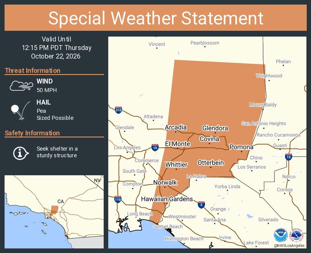 NWSLosAngeles's tweet photo. A special weather statement has been issued for Pomona CA, El Monte CA and  West Covina CA until 12:15 PM PDT https://t.co/OUkfMPxNxK