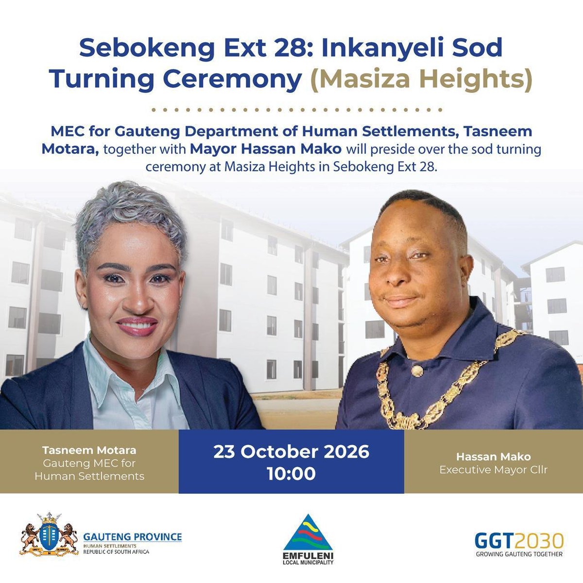 GP_DHS's tweet photo. 🏗️ A new milestone for housing development in Sebokeng Ext 28!

MEC Tasneem Motara and Emfuleni Executive Mayor Cllr Hassan Mako will lead the Inkanyeli sod-turning ceremony at Masiza Heights.

📅 23 October | 10:00

#HumanSettlementsGP #GGT2030 https://t.co/dAnsQPMhH2