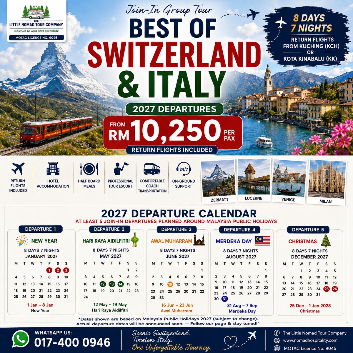 ponchoncha's tweet photo. 2027 Switzerland &amp; Italy Join-In Tour: 8 Days 7 Nights from RM10, 250 per person. Depart from Kuching or Kota Kinabalu. Flights, hotels, half-board meals, tour escort, coach transport and support included. Early booking with flexible payment plans https://t.co/EuWH7qw746